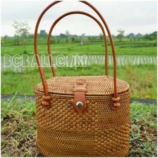 ata grass straw woven tote bag bali handmade leather handle